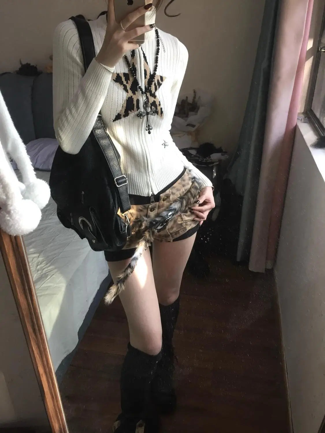 New Leopard Star Jacquard High Collar Zipper Sweater Coat Top American Retro Beige Slim Knitted Cardigan Top