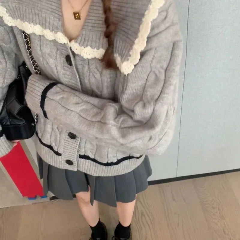 Knitted Cardigan Sweet Lace Turn Down Collar Preppy Style Loose Stretch Outwear Sweater Female