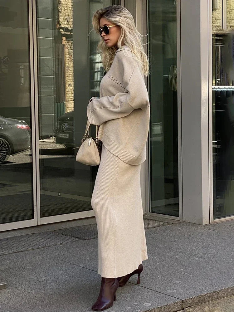 Loose Sweater Suit Female V-neck Knit Pollover Top Long Skirt High Waist Autumn Winter Skirt 2 Piece Set