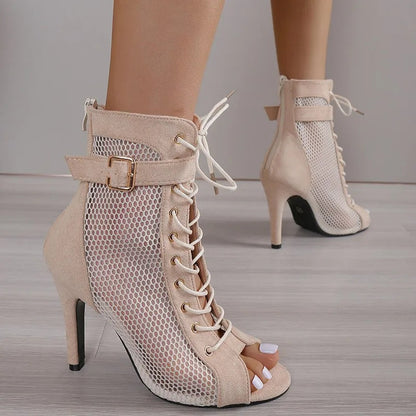 New Show Net Fabric Cross Strap High Heel Sandals Woman Shoes Pumps Laceup Peep Toe Sandals Mesh
