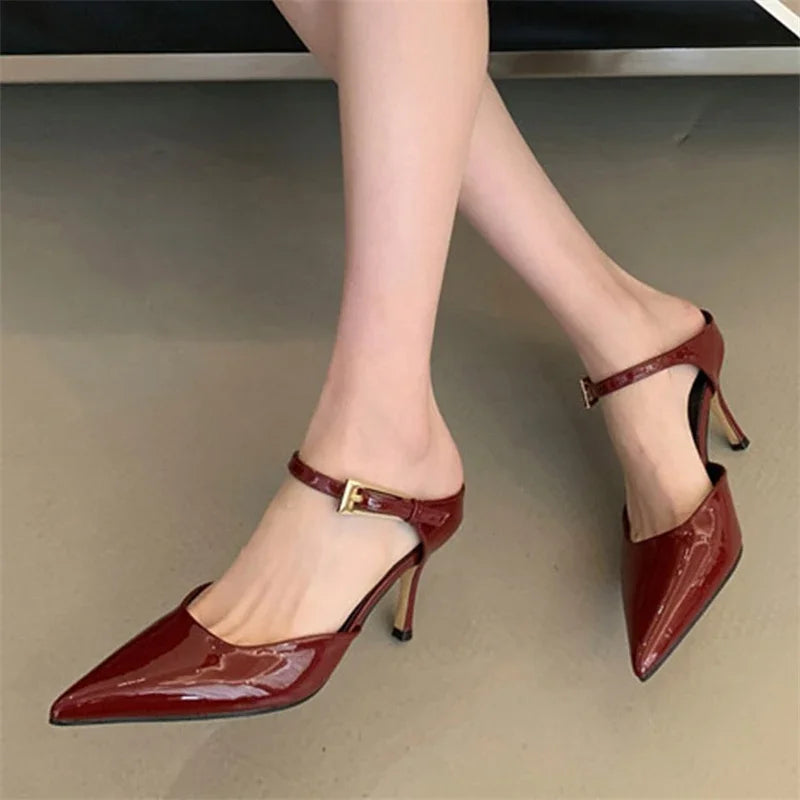 Patent Leather Pointed Toe Buckle Strap Slippers Thin Heels Wedding Dress Mule Shoes