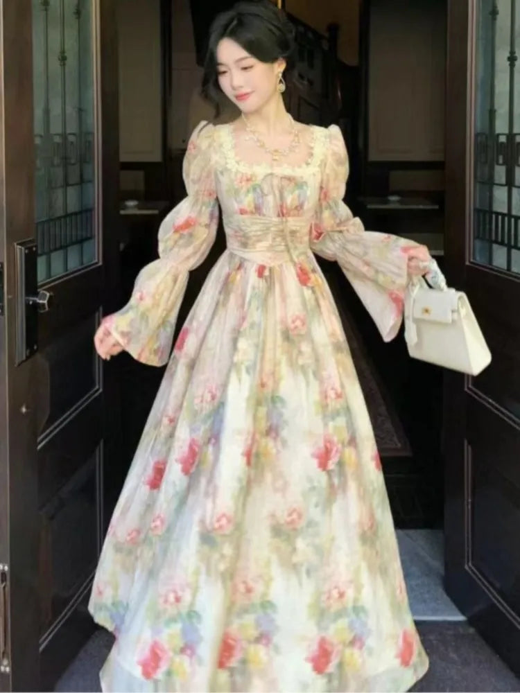 Autumn Painting Printed Long Dress French New Square Collar Lantern Sleeve Midi Dress Laceup Lady Vestidos Largos