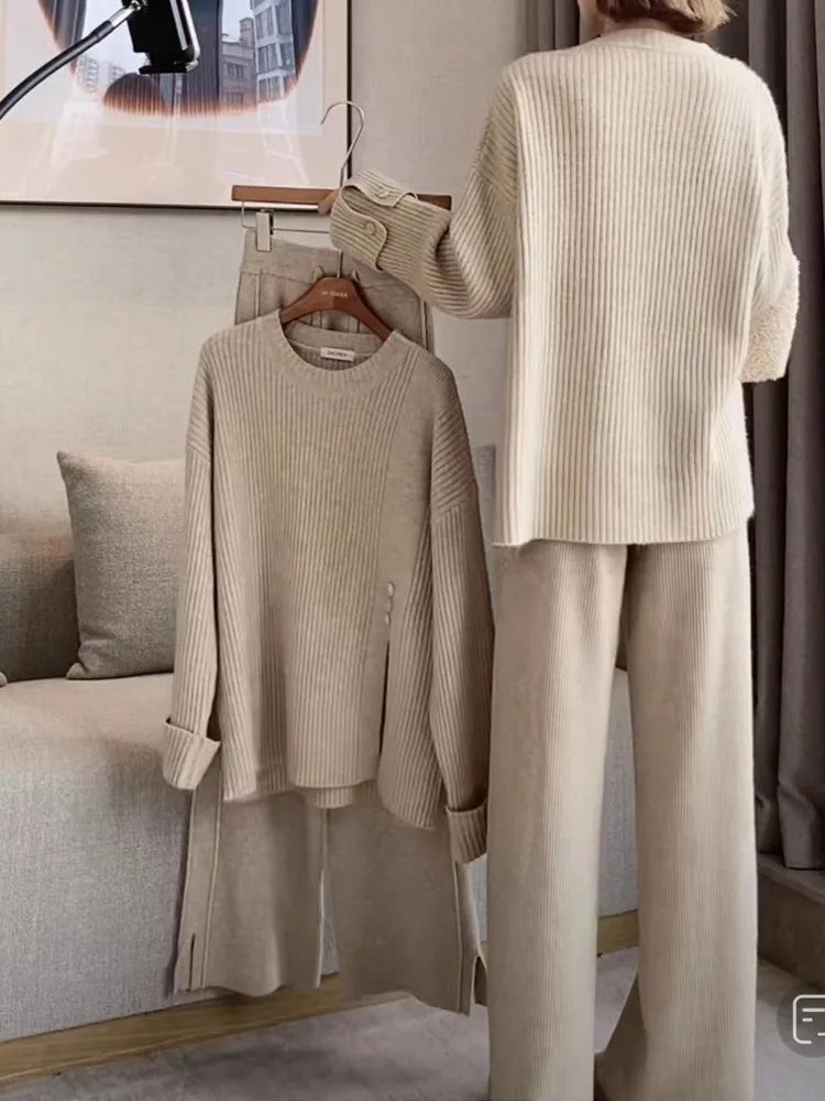 ’s Knitted 2-piece Set Tracksuit Autumn Winter O-neck Pullover Sweater Wide Leg Pants Harajuku Warm Suit New