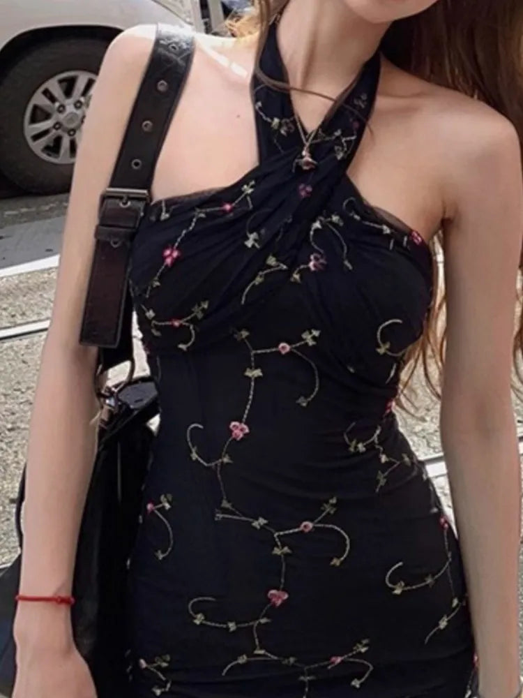 Y2k Hot Girl Bodycon Dress Evening Party Mini Dresses Summer Korean Sleeveless Flower Vestidos