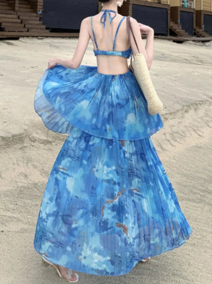 Halter Sleeveless Midi Dress Aline Beach Holiday Clothes Female Print Long Robe New Vestidos