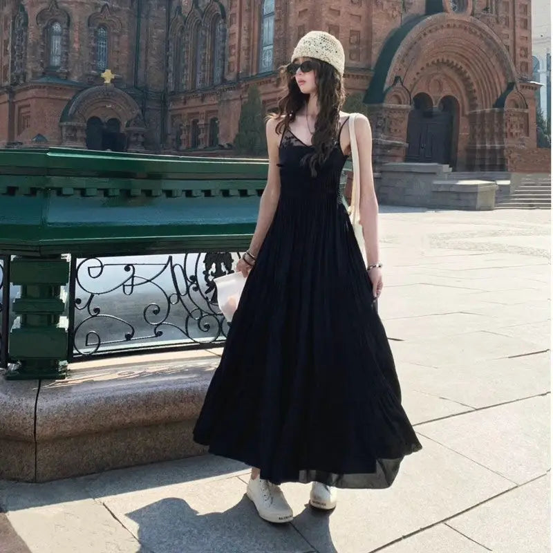 French Lace Spliced Black Slip Dress Summer New High End Sleeveless Waist Slimming Aline Long Dress for