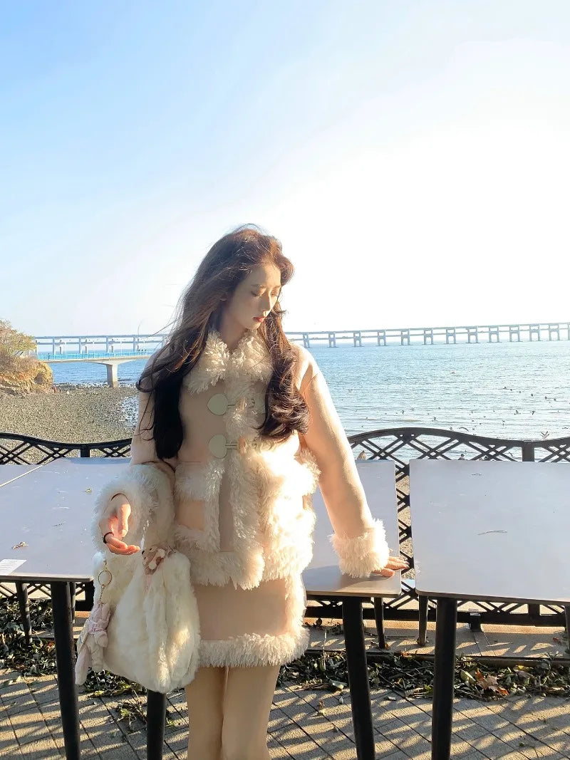 Sweet Hot Girl Suit Autumn/winter Lamb Wool Suede Coat Highwaisted Mini Skirt Twopiece Set Female Clothes