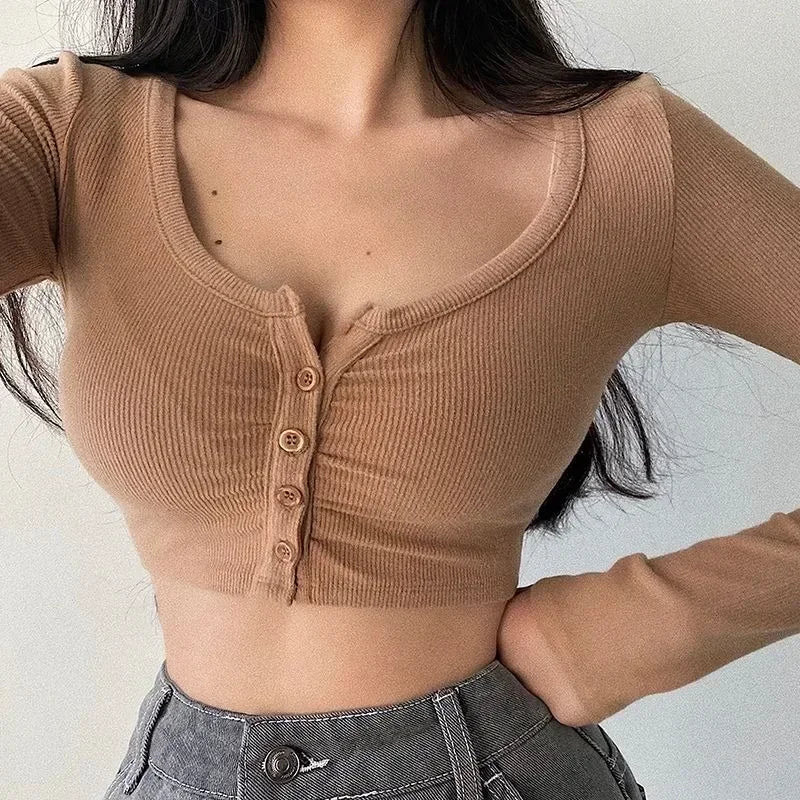 ’s V-neck Tank Tops T-shirt Short Sleeve Color Button Crop Top Clubwear Top Summer Slim Short T-shirt for