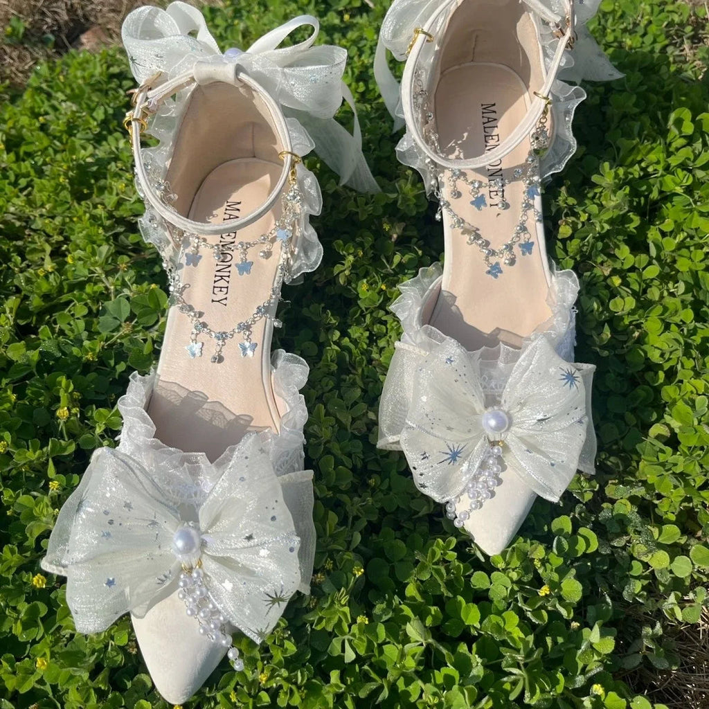 Party Shoes for Designer Shoes Sandals Bridal Shoes Lolita Heel With Pointed Head Shoes White