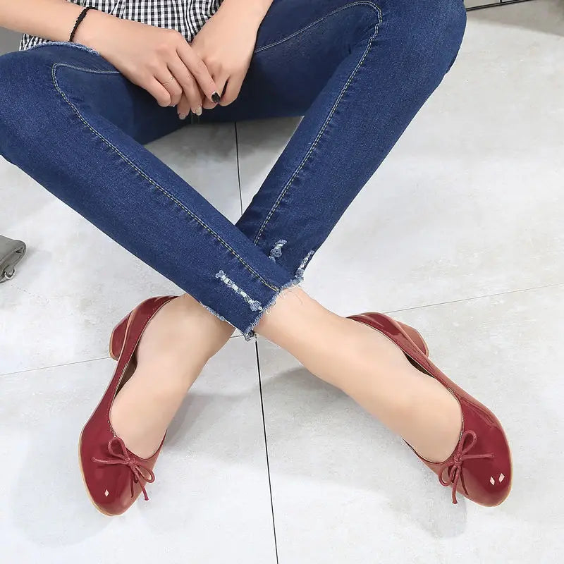 Spring New Round Toe Burgundy Cherry Red Ballet Shoes High Low Heel Bow Pumps Low Top Flat Patent Leather Small Red Shoes