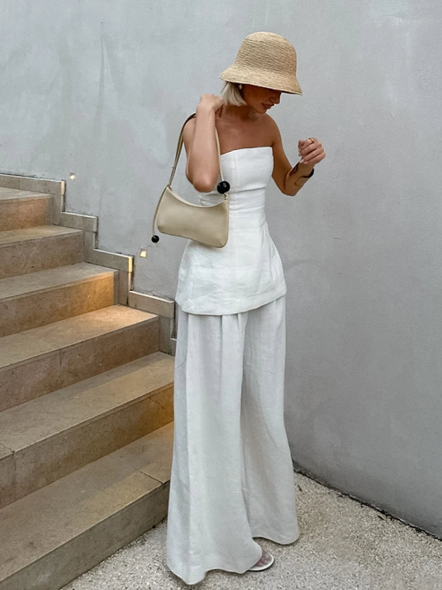 White Simple Wide Leg Pants Sets Summer New Off Shoulder Sleeveless Tube Tops Pants 2 Piece Set