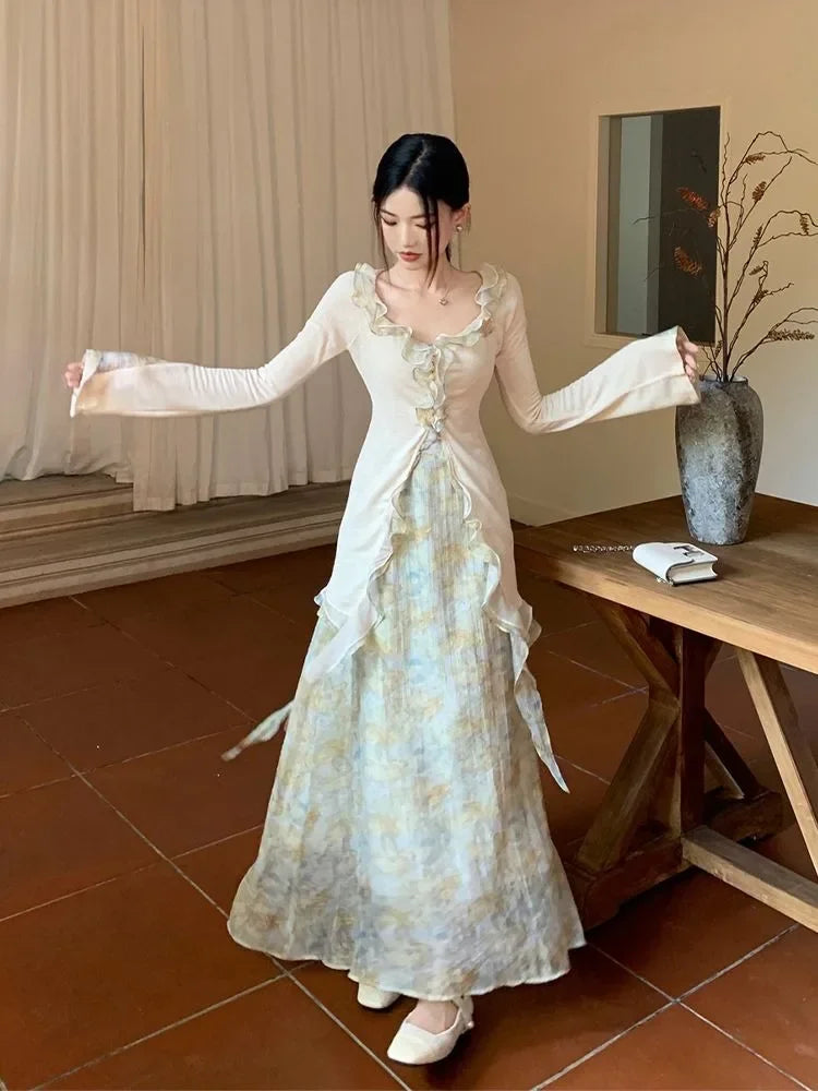 Gentle Wind Ruffle Design Dress for New Niche Shirt Top Autumn Skirt Suit Daily Long Dresses
