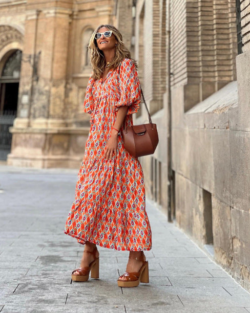 Autumn Dresses for Print Ruffles Loose Long Dress Office Beach Style V Neck Vestidos