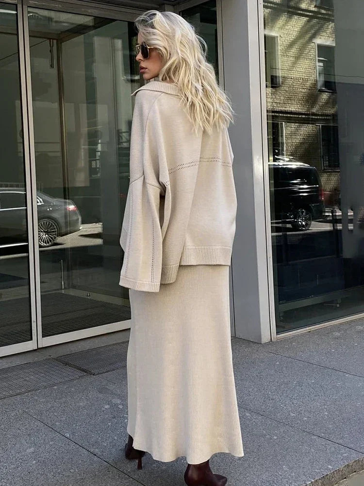 Loose Sweater Suit Female V-neck Knit Pollover Top Long Skirt High Waist Autumn Winter Skirt 2 Piece Set