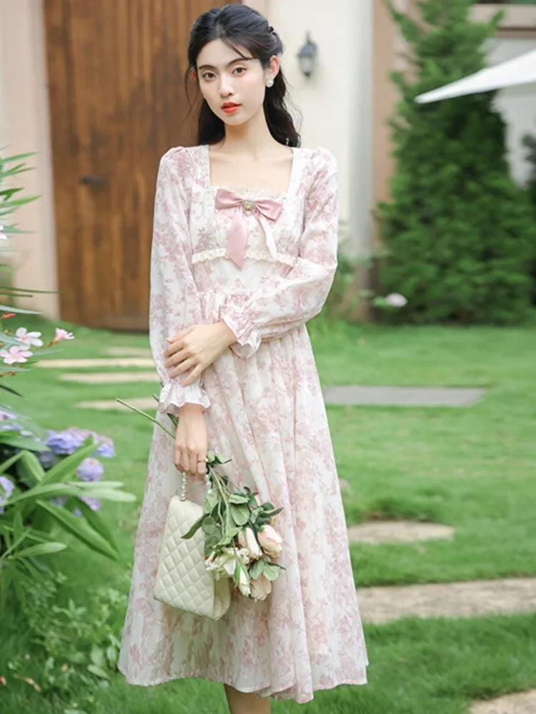 Sweet Pink Princess Dress Bow Petal Sleeve Print Flattering Waist Romantic Lady Midi Dresses Robe Rose Vestidos