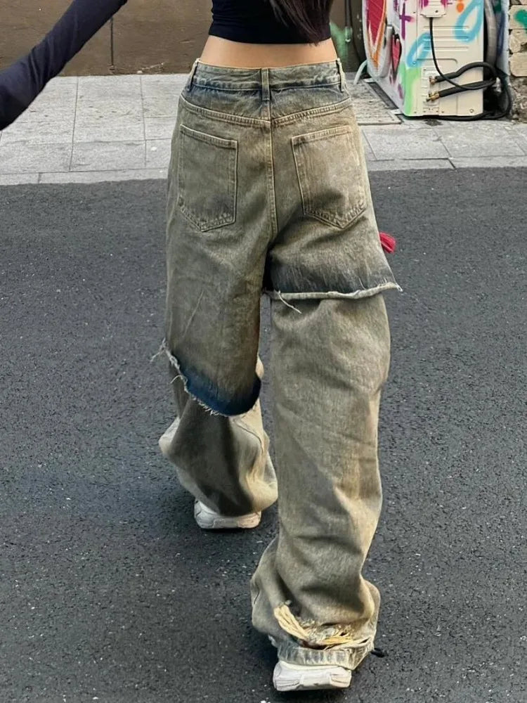 American Oversize Washed Denim Pants Spring Autumn New Loose Jeans for Y2k High Waist Hole Wide Leg Pants