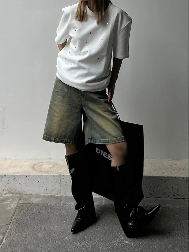 Woman Tight Bodycon Jeans Tiedyed Denim Knee Length Shorts Basic Simple Classical Hot High Street Gyaru Kpop 90s