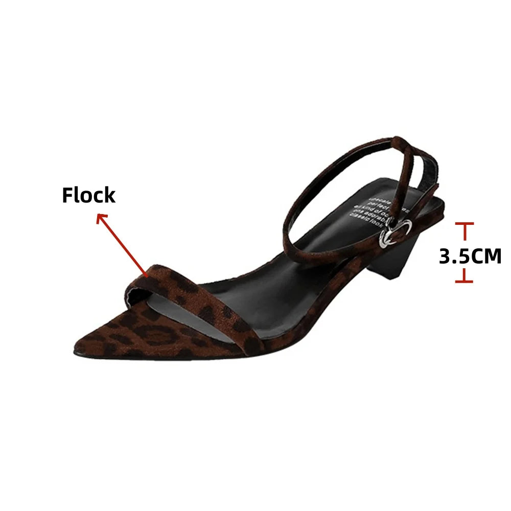 Leopard Sandals Leather Kitten High Heels Pointed Toe Party Wedding Shoes Woman Buckles Prom Summer Pumps