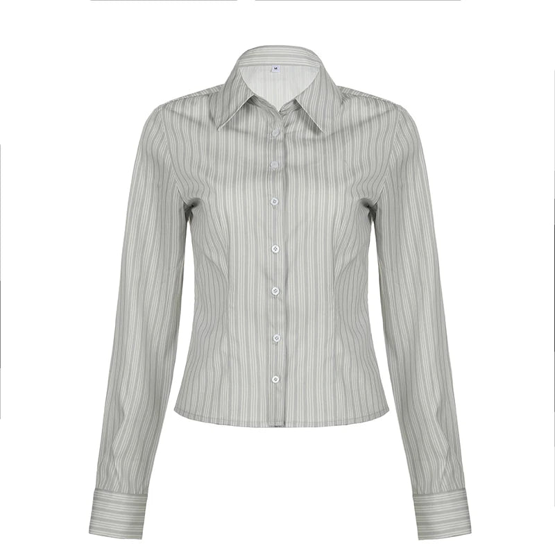 ’s Striped Blouse Shirt Office Lady Turn-down Collar Tee Shirt Minimalist Basic Tops Spring