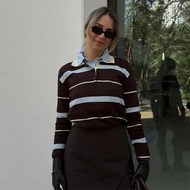 Stripe T-shirt Short Sleeve Female All Match Polo Shirts Summer New Loose Tops High Street