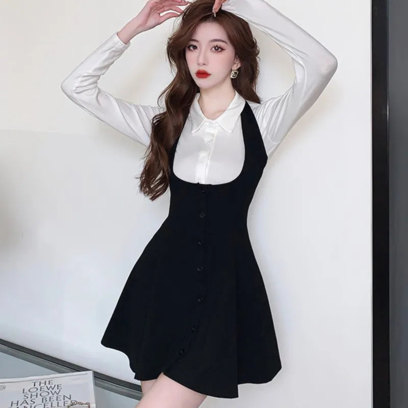 Autumn New Two-piece Skirt Sets Long Sleeve White Blouse High Waist Halter Mini Dress Korean Y2k Harajuku Outfits