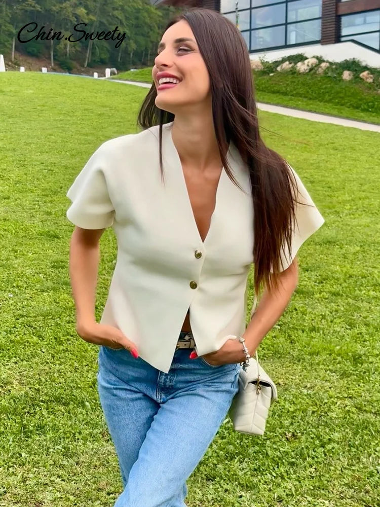 Knitted Vest Top for Short Sleeve V-neck Buttons Loose White Waistcoat Cardigan Female Autumn New in Outwears