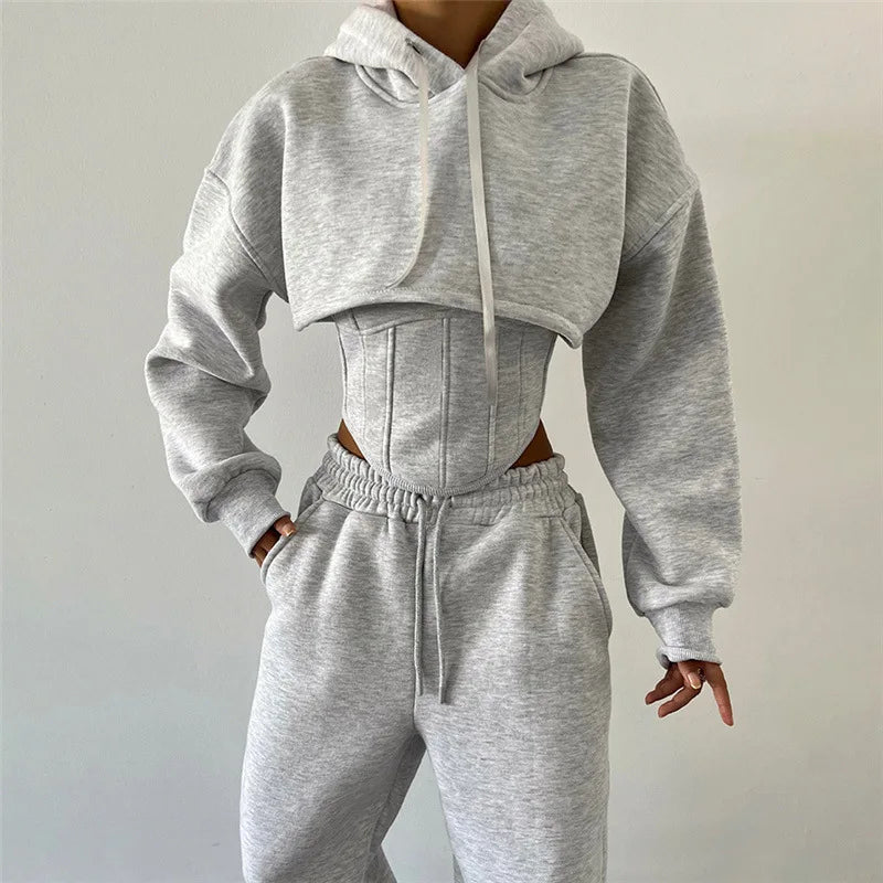 Lace Up Pants Sets Slim Splice Tank Tops Woman Long Sleeve Short Hoodies and Pant Suits Outfits Winter