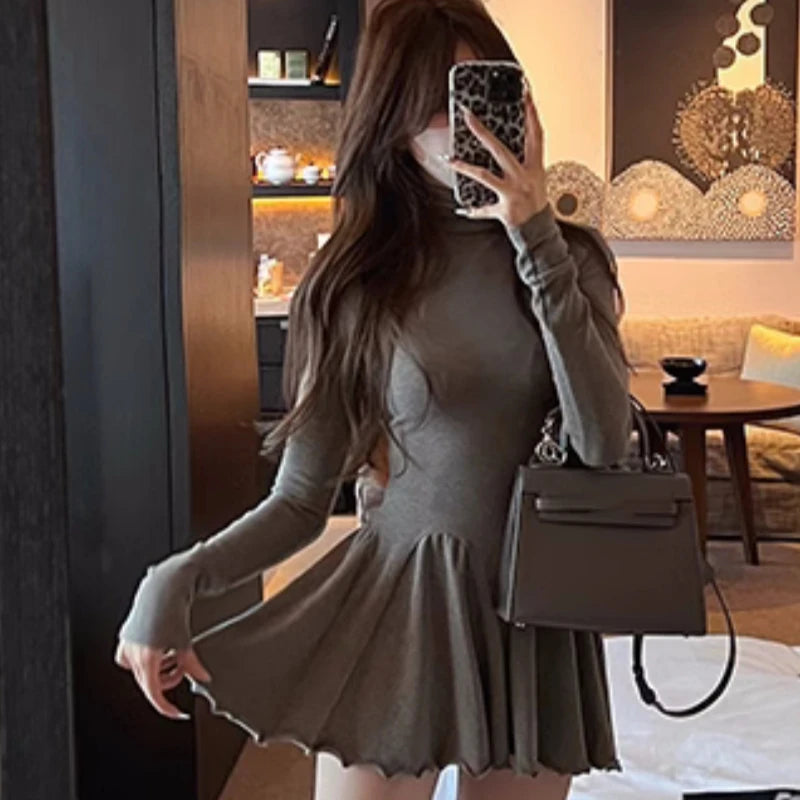 Autumn New Mini Dresses Turtleneck Long Sleeve Ruffles A-line Korean Female Clothing Vestidos Mujer