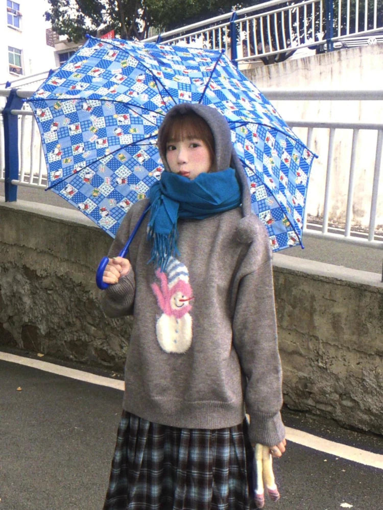 Kawaii Snowman Crochet Sweater Gray Hooded Knitwear Oversize Cutecore Elf Hat Long Sleeve Winter Christmas Clothes