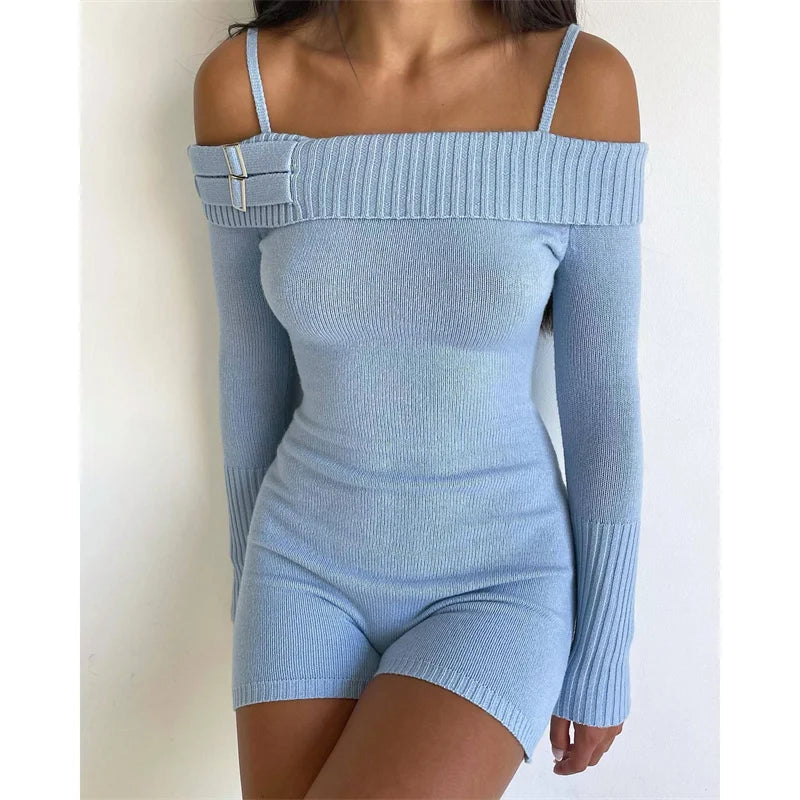 Summer New Offshoulder Jumpsuit for Long Sleeve Y2k Slim Playsuit Knitwear High Waist Short Sets Rompers