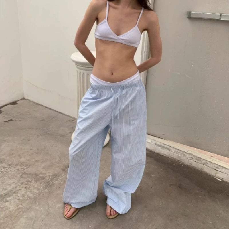 Oversized Y2k Striped Woman's Pants Baggy Harajuku Old Money Basic Trousers Korean Wide Leg Elastic Waist