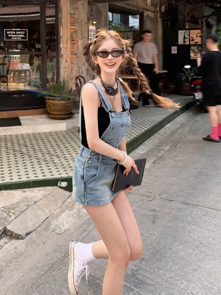 Japanese Kawaii Jean Strap Mini Dress 2000s Y2k Clothing Sleeveless Denim Dress Korean Even Party Outwear