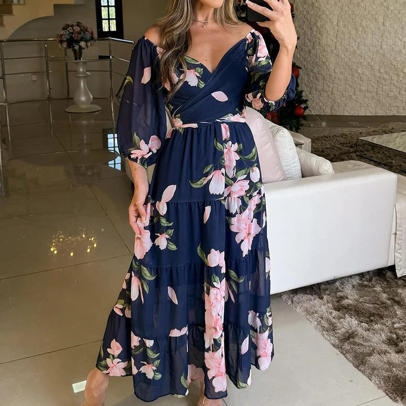 Half Sleeve Swing Beach Long Dress Female Draped Loose Party Dress Print Off Shoulder Pleat Dress