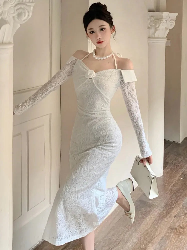 Long Dress Slash Neck Slim Bodycon Short Lace Dresses Evening Party Autumn Spring New Vestidos