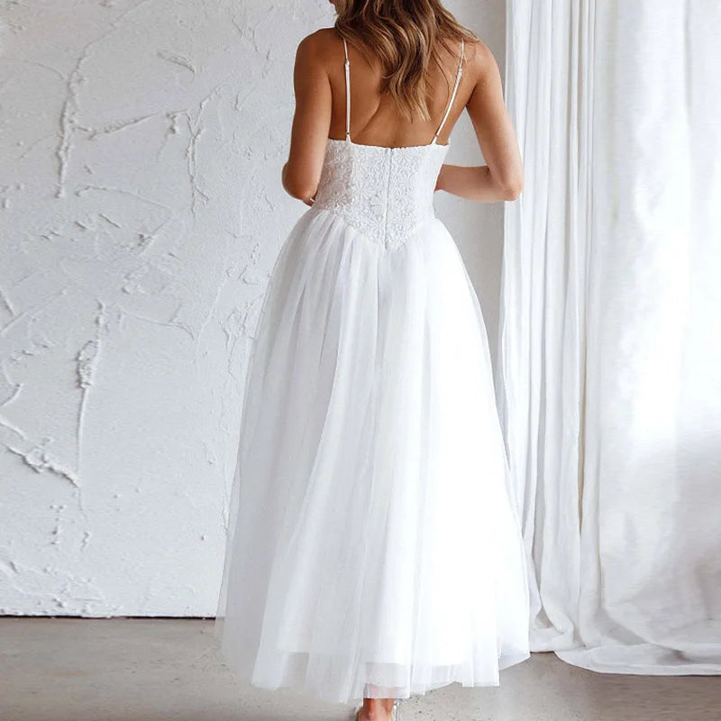 Embroidered Lace Party Dress Vneck Sleeveless Long Dress Loose Hollow Out Beach Dress