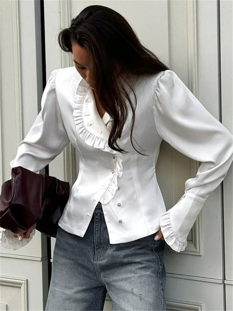 Taivimart - White Ruffled Shirts for Patchwork V-neck Long Sleeve Autumn Female Cardigan Blouses