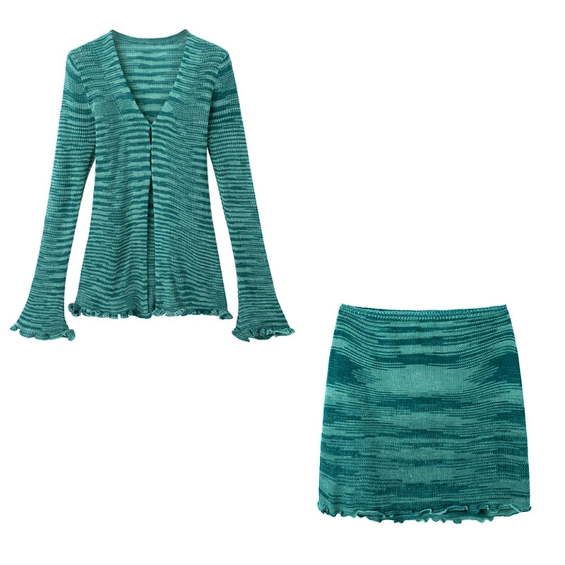 Y2k Orange Striped Suit Fungus Edge Longsleeved Knitted Cardigan Autumn Short Skirt 2piece Set