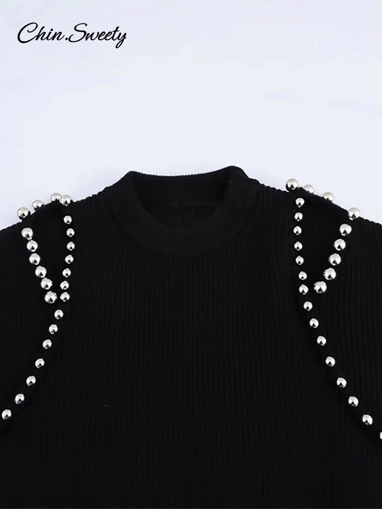 ’s Beading Sweater Pullover Knitted Black Long Sleeve O-neck Jumper New Spring Lady Outwears