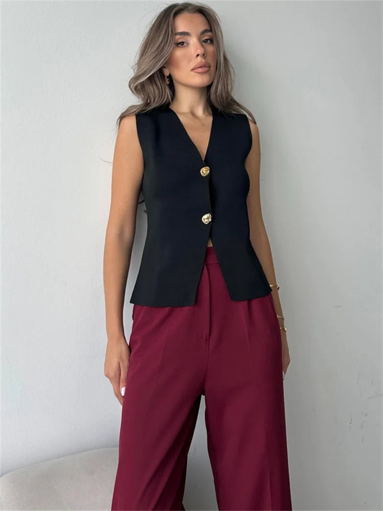 Knit V-neck Sweater Tank Top High Waist Patchwork Autumn Knitwear Y2k Cardigan Top Vest
