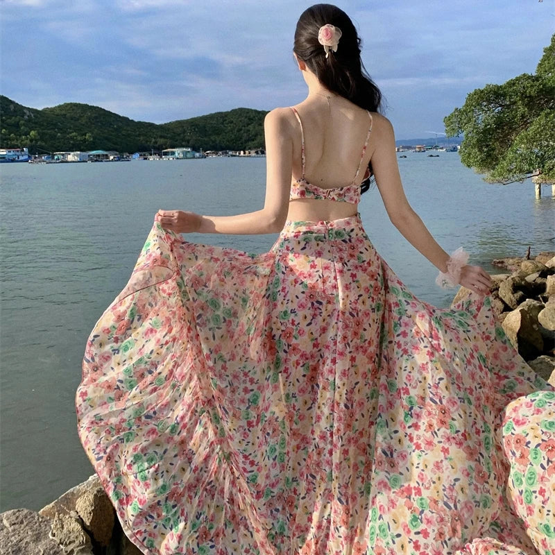 Sweet Hot Girl Pink Dress Spring/summer Holiday Backless Halter Aline Long Dress Female Clothes