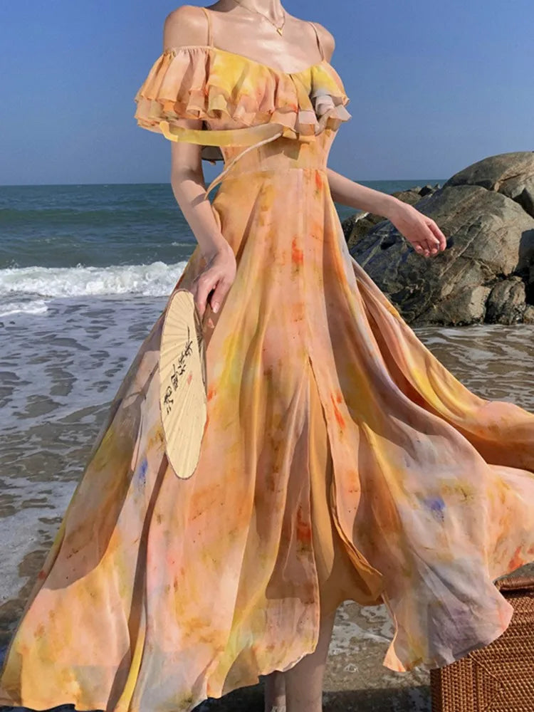 Print Midi Dress Sleeveless Spaghetti Strap Aline Beach Holiday Clothes Female Summer Dresses Vestidos
