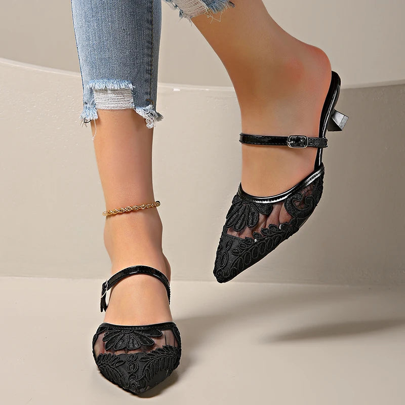 Summer Breathable Lace Mules Slippers Slip on Singbacks Slide Party Dress Shoes