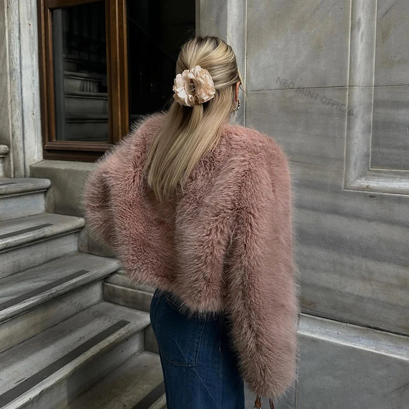 Brand Winter Sweet Pink Cropped Faux Fur Coat Ins Fluffy Fox Fur Jacket Female