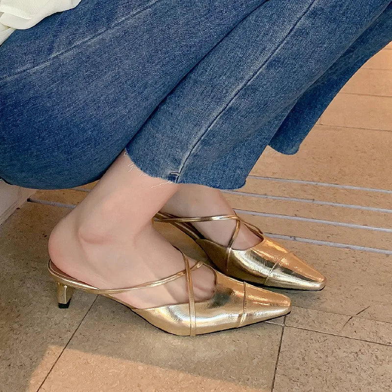 Spring Summer Sandals Party Genuine Leather Thin Heels Mules Slippers Narrow Band Shoes Woman
