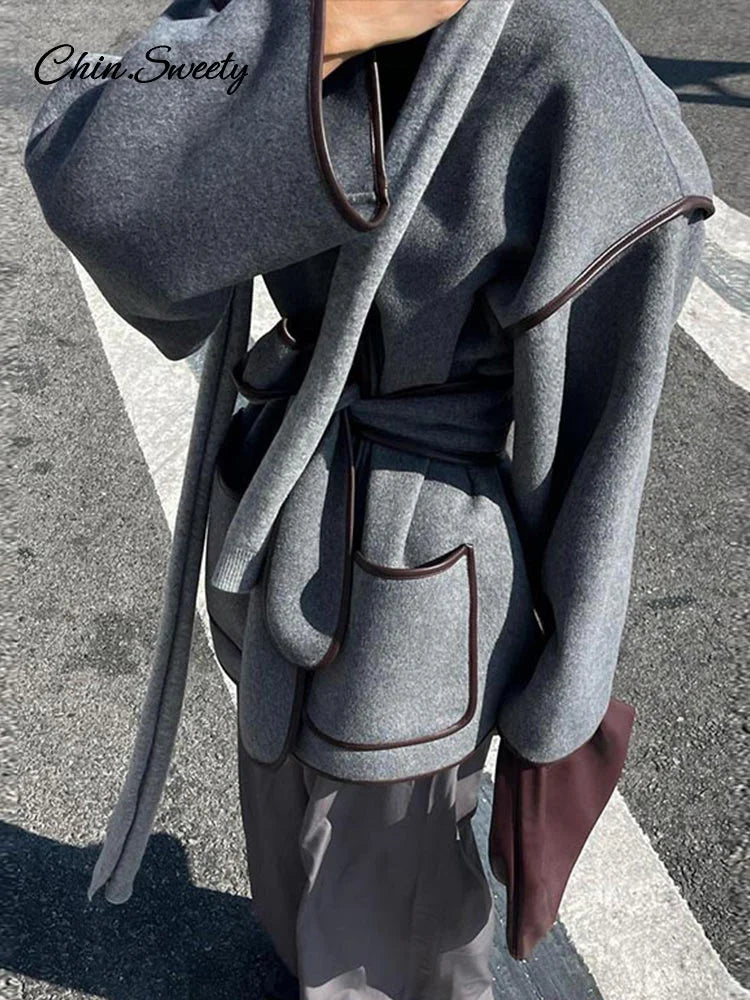Patchwork Belt ’s Coats Contrast V-neck Long Sleeve Pocket Female Overcoats Autumn Lady New in Outwear