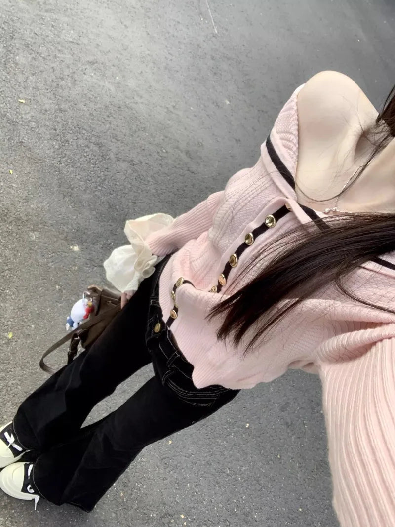 Sweet Hot Girl Pink Off Shoulder Longsleeved Sweater Autumn Sailor Collar Knitted Cardigan Top Female Clothes