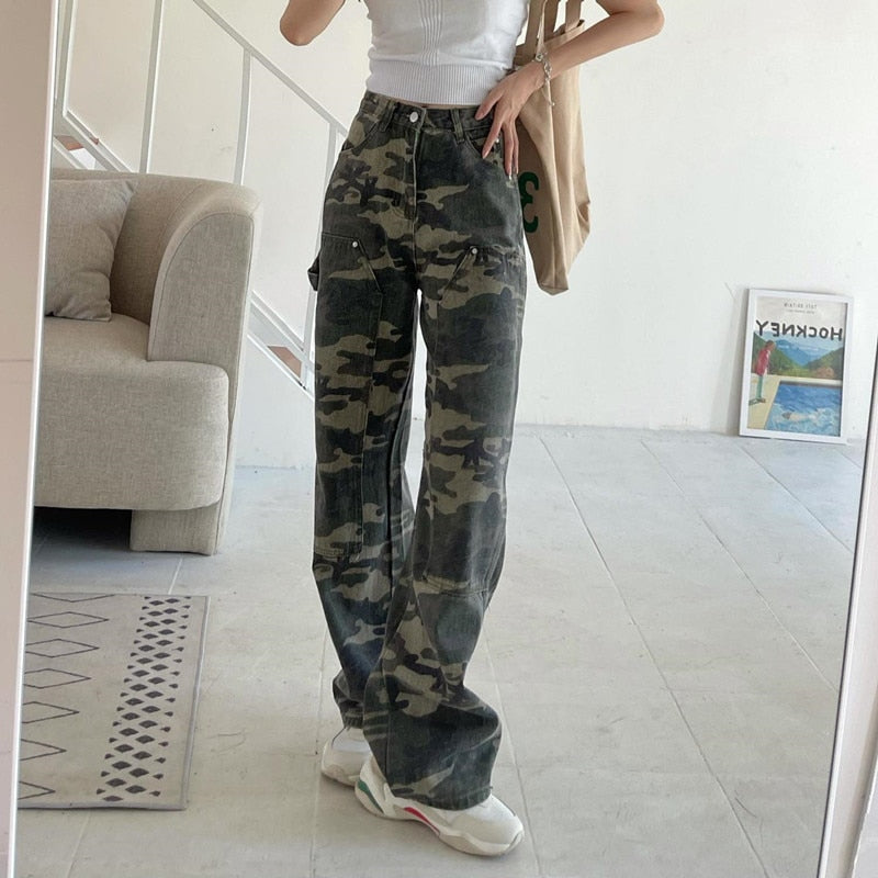 Camouflage High Waist Cargo Pants Straight Jeans