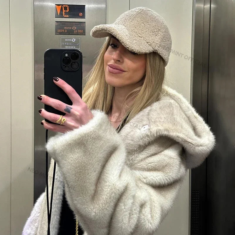 Belted Faux Mink Fur Coat Winter Beige Gradient Furry Fur Jacket Brand Hooded Warm Outerwear Overcoat