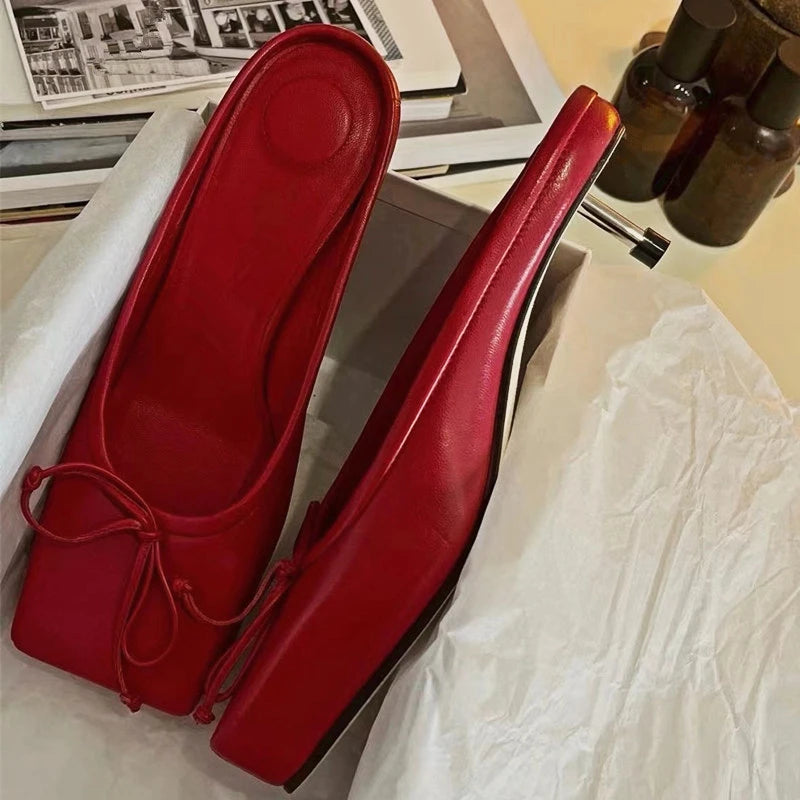 Brand Designer Mule Pumps Slippers Bow Square Toe Party Dress Shoes Red High Heels Sandals