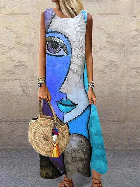 Print Sleeveless Long Dresses Summer O Neck Loose Maxi Dress Temperament Commuting Clothing Vestido Female